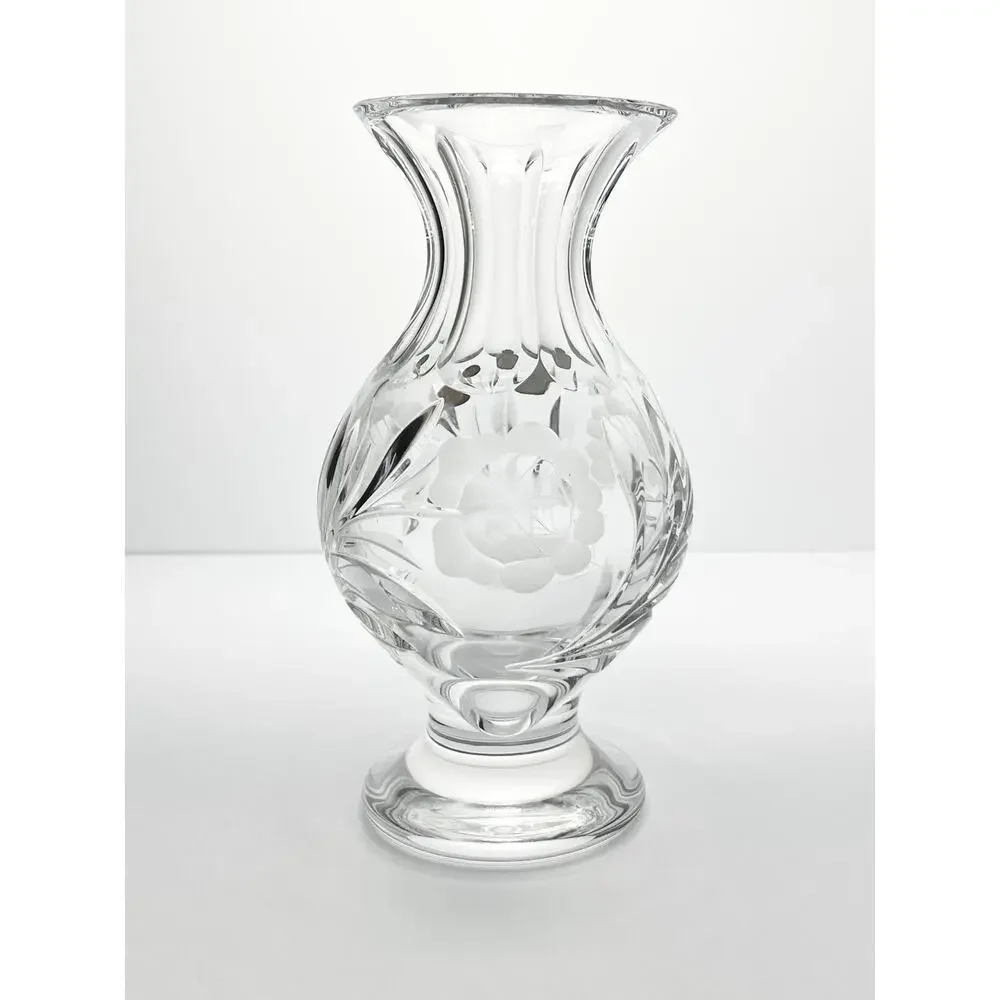 Vintage Nachtmann Footed Presentation Rose Flower Etched Vase 9.75” Bleikristall